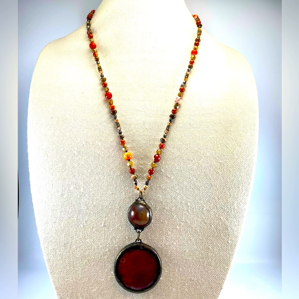 Stunning Unsigned Snake Skin Agate Gemstone Gold Tone Chain Statement Necklace